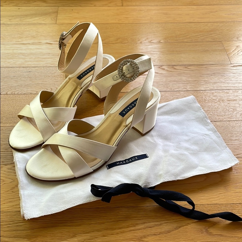 Margaux The City Sandal - Ivory Satin with Crystal Buckel